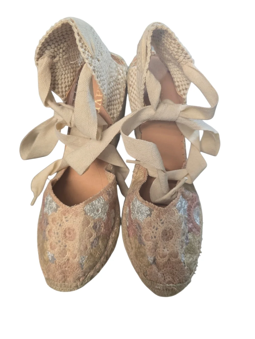 Maypol Spain Espadrilles Leather Crochet Espadrille Tie-Back Wedge Sz. 39/8